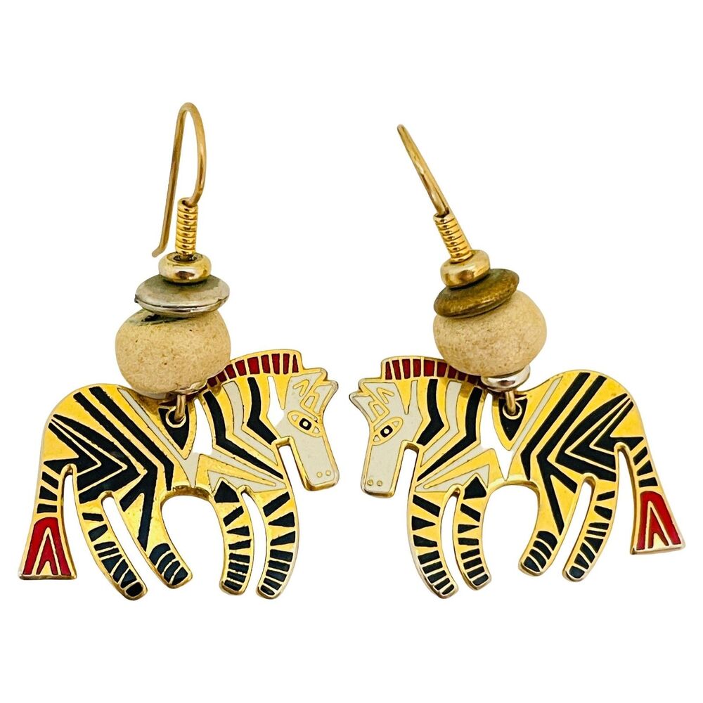 LAUREL BURCH Wild ZEBRA signed vintage gold tone enamel designer earrings